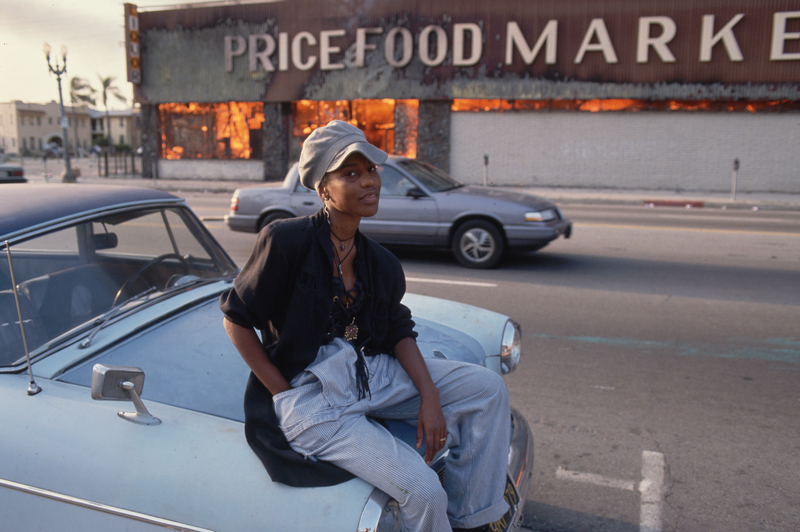 Fires burn in South Central Los Angeles, set off in the riots which ensued after Los Angeles police officers were acquitted of beating Rodney King.