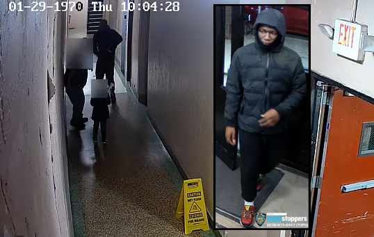 Police are searching for a suspect after a father and his six-year-old son were robbed at gunpoint in their Bronx apartment building Monday
