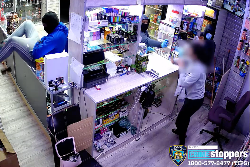 In the first robbery on the night of May 16, the trio pepper-sprayed a woman working at a shop in Sheepshead Bay