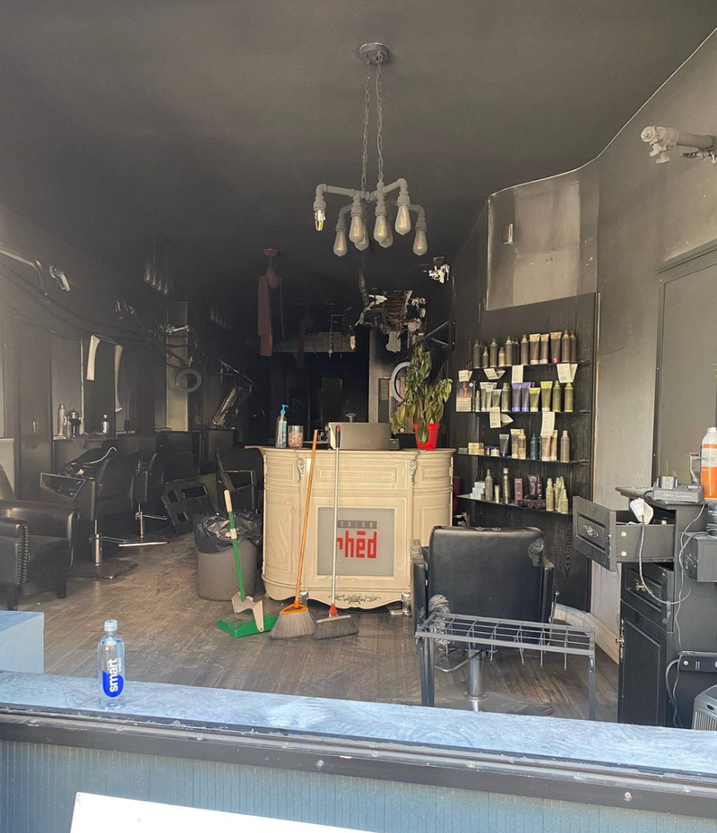 A photo of the hair salon after the fire posted on Salon Rhed's Instagram account. 