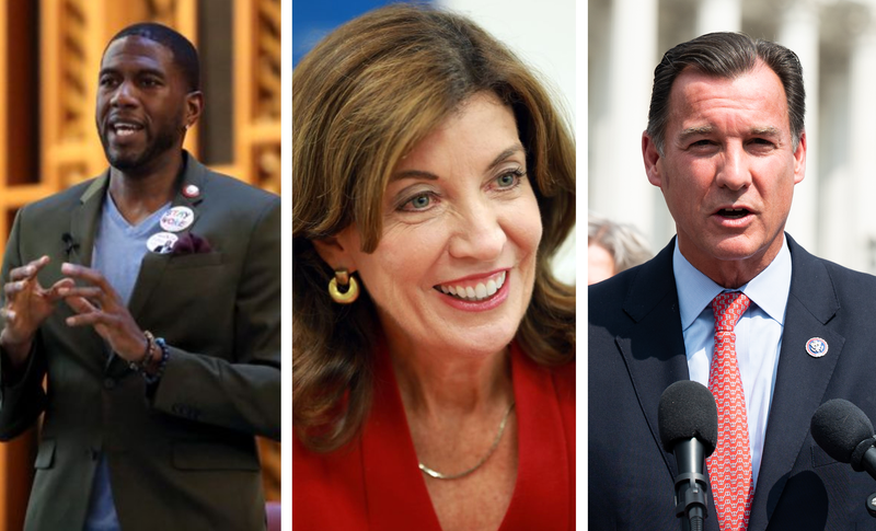 New York City Public Advocate Jumaane Williams, New York Gov. Kathy Hochul and U.S. Rep. Tom Suozzi of Long Island