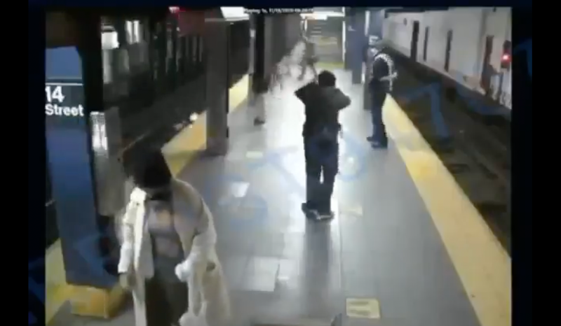 A woman being shoved to the subway tracks at Union Square station.