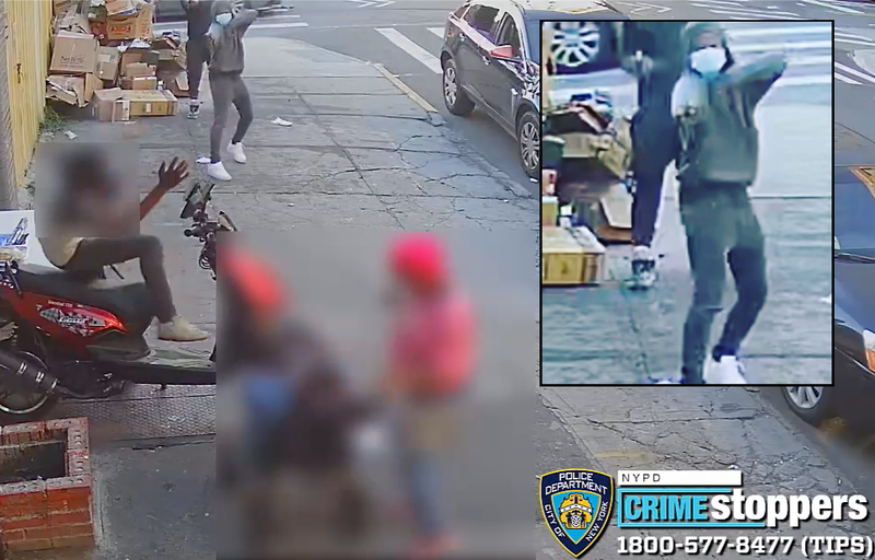 Two gunmen narrowly missed a girl in a wheelchair as they shot at a man on a Brownsville sidewalk Monday evening