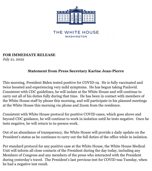 The White House announced Biden's diagnosis in a press release Thursday morning