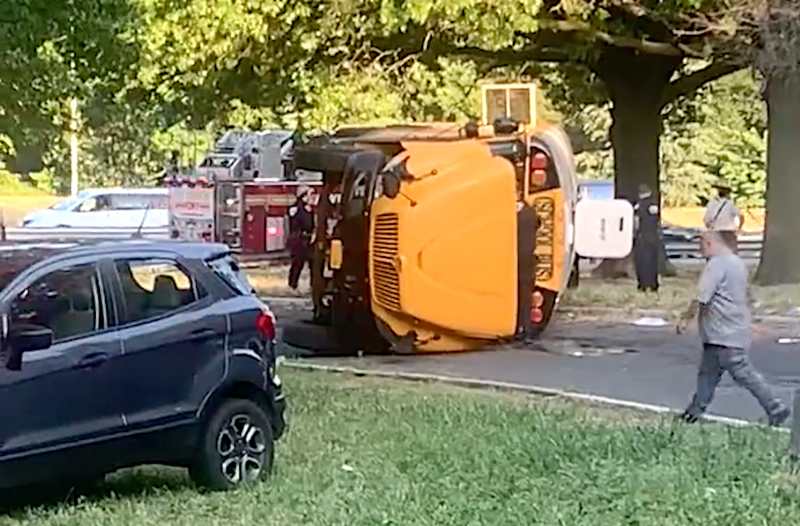 Dozens of people were on board the bus when it rolled over shortly before 6 a.m. Thursday