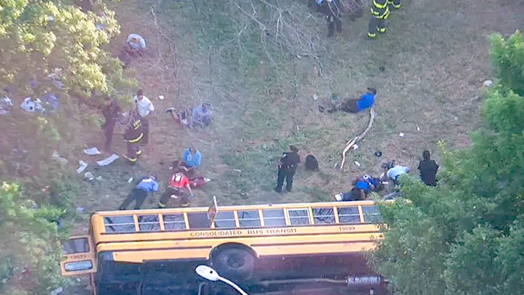 Dozens hurt after school bus overturns on Hutchinson River Parkway in the Bronx