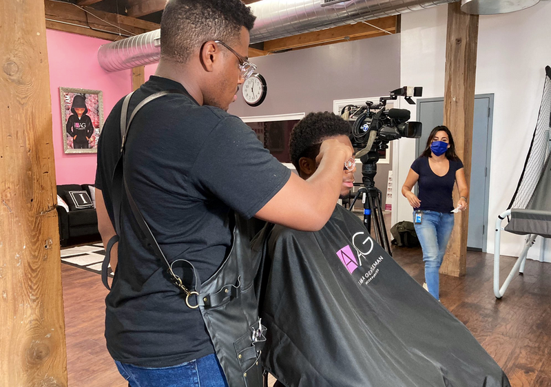 haircut in barber chair