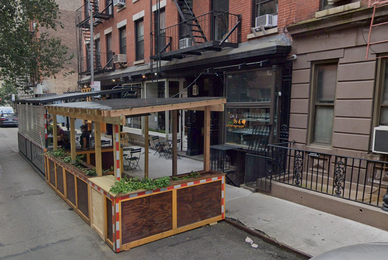 The dining shed outside the Silver Apricot on Cornelia Street, where a man and woman were caught on video having sex