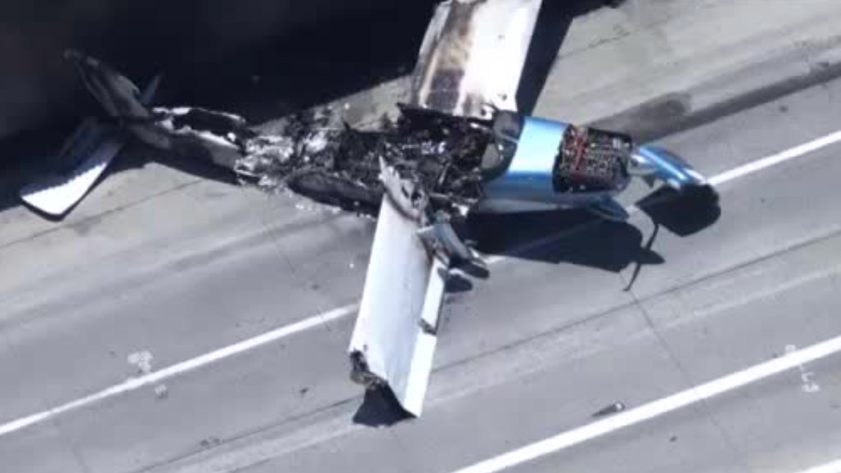 Airplane crash-lands on 91 Freeway in Corona