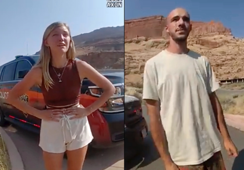 This police camera image provided by The Moab Police Department shows Gabby Petito and Brian Laundrie talking with officers after police pulled over the van they were traveling in near the entrance to Arches National Park on Aug. 12, 2021.