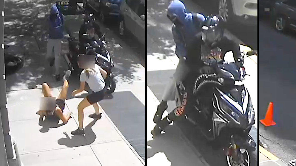 VIDEO: Woman struggles with scooter-riding thieves in midday robbery near Guggenheim