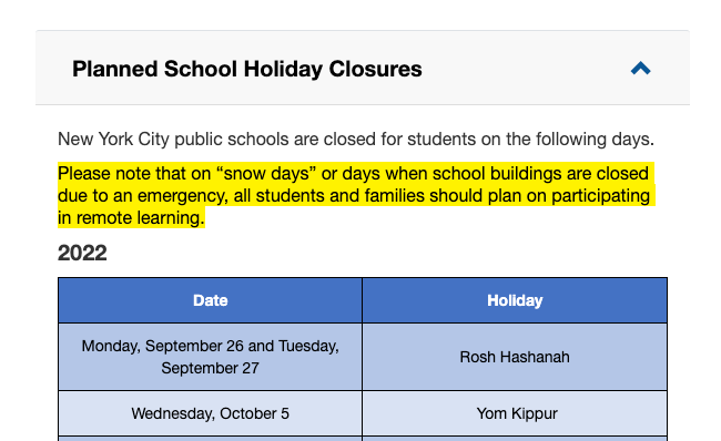 The school calendar says students and parents should plan for remote learning on "snow days"