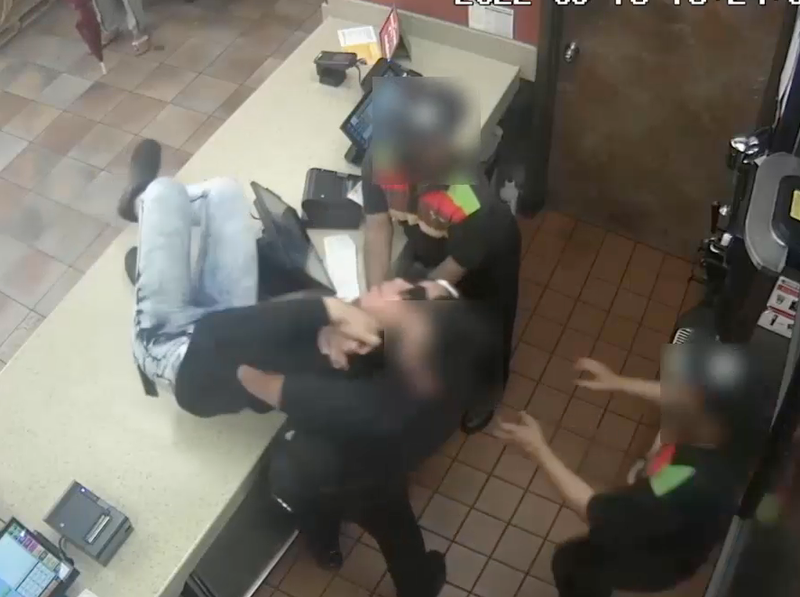 Video shows the would-be thief getting into a melee with Burger King workers Tuesday afternoon in the South Bronx