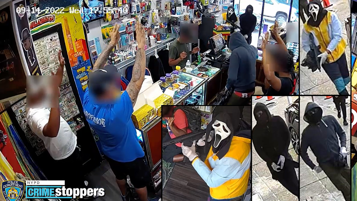 VIDEO: 'Ghost Face' with assault rifle among 3 wanted for holdup at Queens store