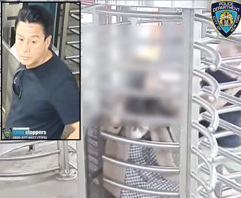 Police are searching for a man who trapped a woman inside a full-height security turnstile at a Queens subway station