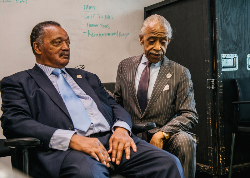 Civil Rights leaders Jesse Jackson and Rev. Al Sharpton spend time together ahead of a rally during commemorations of the 100th anniversary of the Tulsa Race Massacre on June 01, 2021, in Tulsa, Oklahoma.