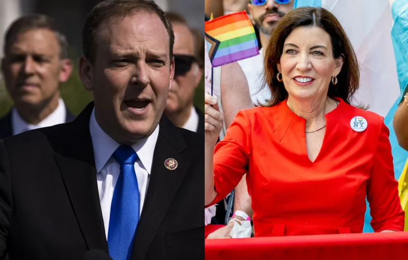 Left to right: Rep. Lee Zeldin speaks during a news conference at the U.S. Capitol in Washington, D.C., U.S., on Thursday, May 20, 2021. Gov. Kathy Hochul marches during the 2022 New York City Pride March on June 26, 2022 in New York City. 