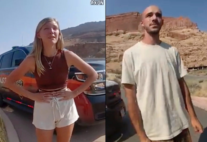 This police camera image provided by The Moab Police Department shows Gabby Petito and Brian Laundrie talking with officers after police pulled over the van they were traveling in near the entrance to Arches National Park on Aug. 12, 2021.