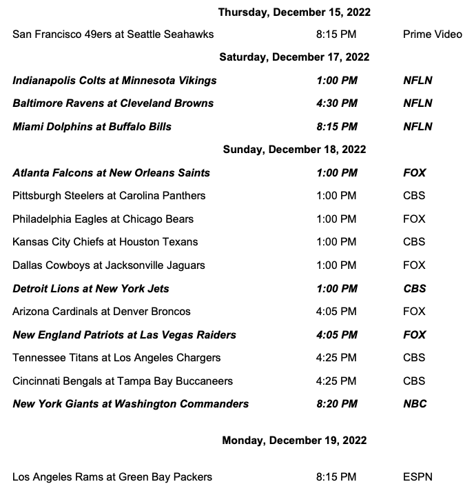 Week 15 schedule