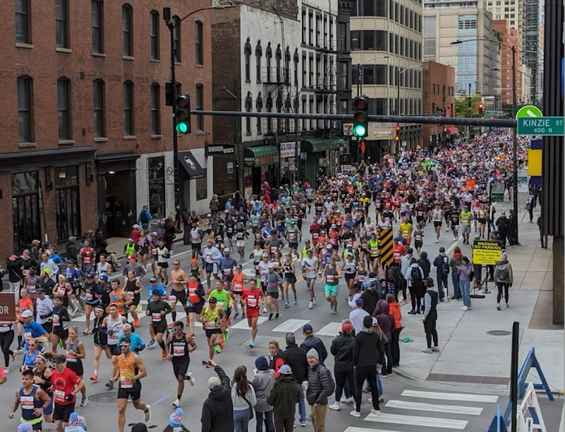Chicago Marathon racers run through downtown Chicago.