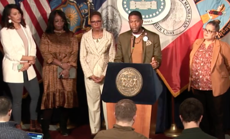 Public Advocate Jumaane Williams speaking at the pre-stated council meeting press conference Wednesday