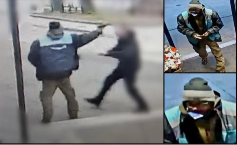 Security footage of man in blue vest brandishing gun