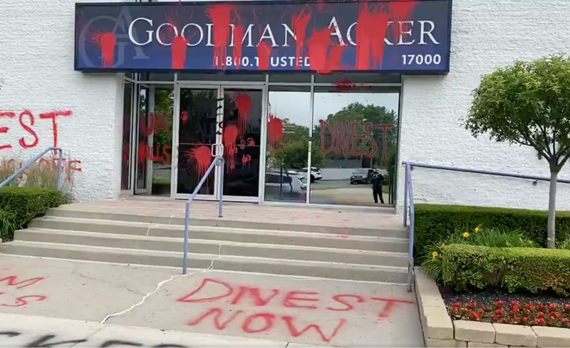 Vandalized offices of Goodman Acker in Southfield