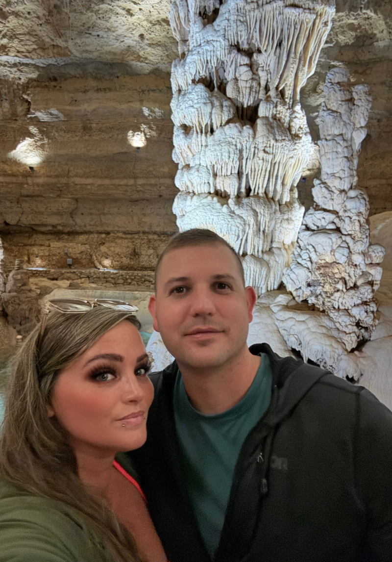 Army Master Sgt Aaron Frederick and his wife Marissa at Natural Bridge Caverns in San Antonio, Texas, Nov 14, 2024.