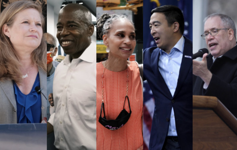 (De izquierda a derecha) Kathryn García, Eric Adams, Maya Wiley, Andrew Yang y Scott Stringer.