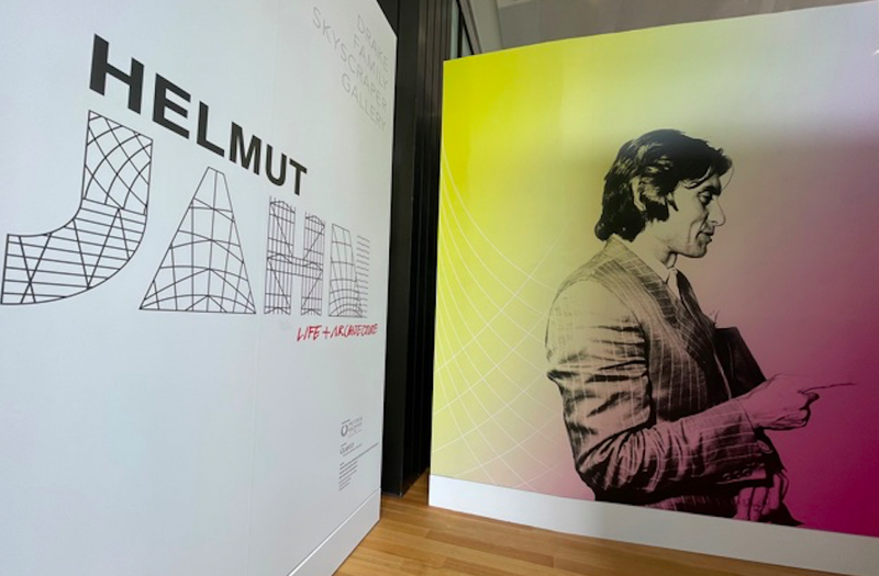 A decorative wall panel at the Chicago Architecture Center's new exhibit on Helmut Jahn.