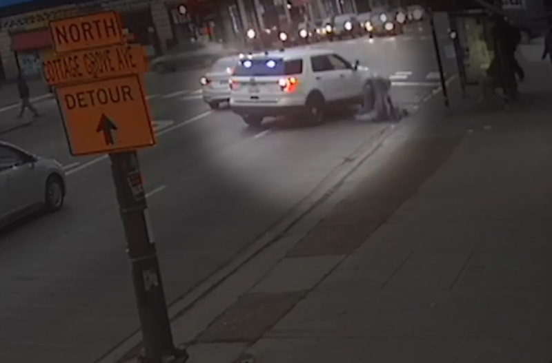 A still image from surveillance footage shows Bernard Kersh being body-slammed by a Chicago police officer after he allegedly spat in the officer’s face on Thanksgiving in 2019.