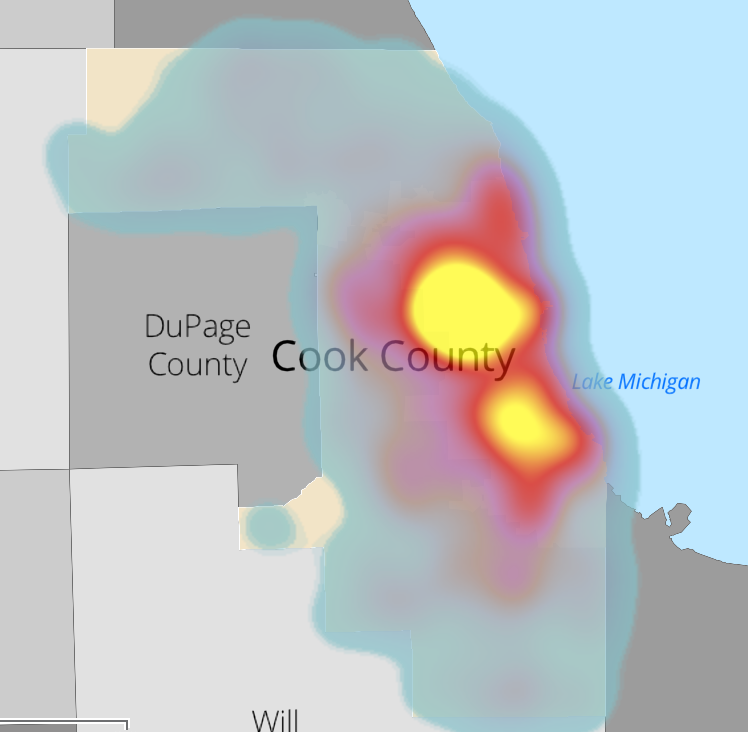 A heat map showing concentrations of opioid overdoses in Cook County in 2021.