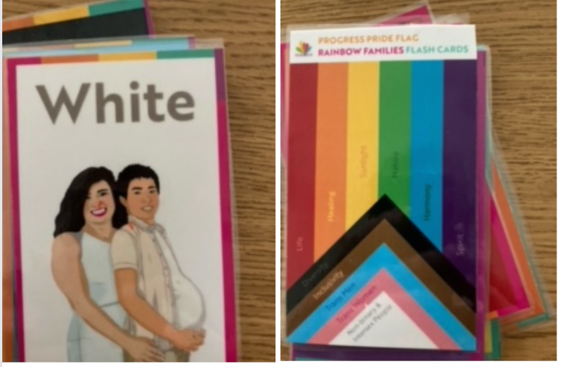 A photo shared by North Carolina Rep. Tim Moore of flashcards he said were used in a Wake County preschool classroom. 