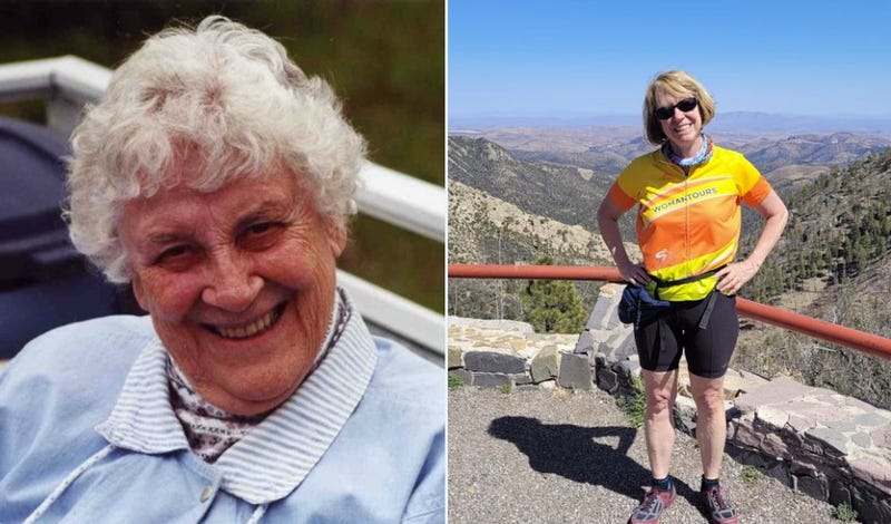 Elderly woman on left and middle-aged woman in athletic clothes on right 
