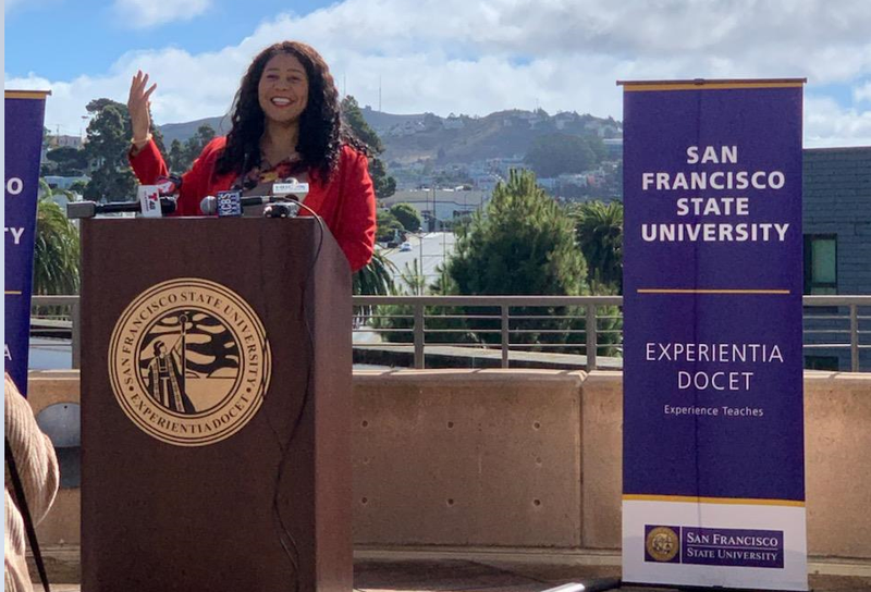 San Francisco Mayor London Breed speaks at San Francisco State University.