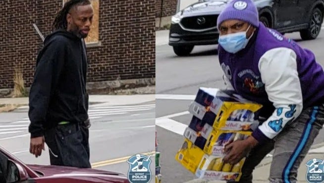 Two pictures of Black men, one standing and the other one holding cases of Red Bull