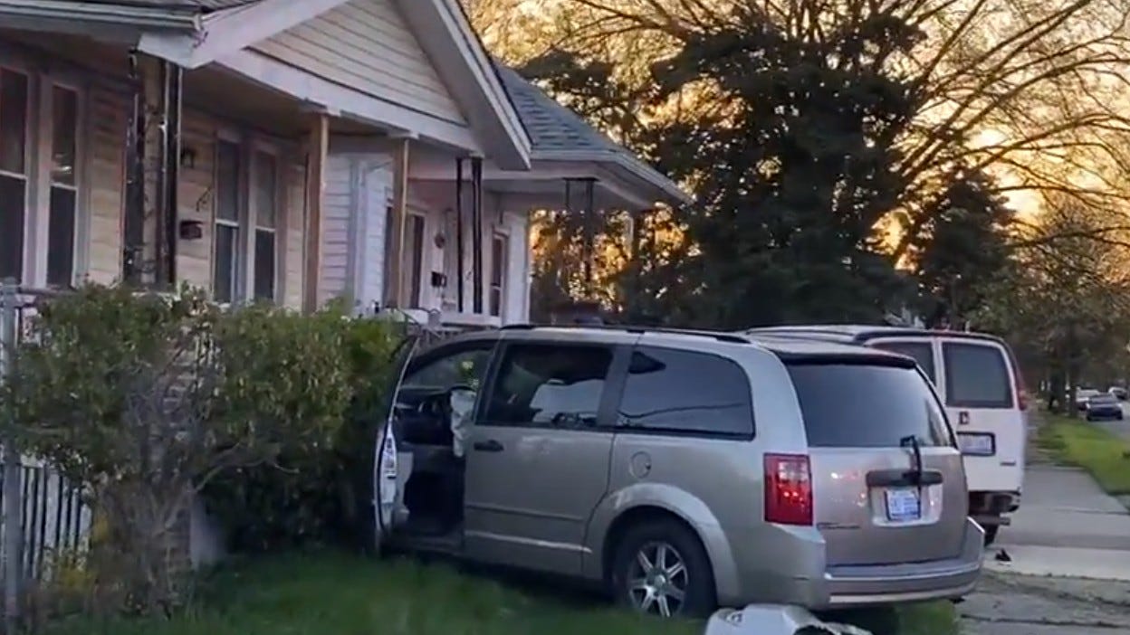 Detroit resident wakes up to see minivan crashed into front porch; driver fled on foot