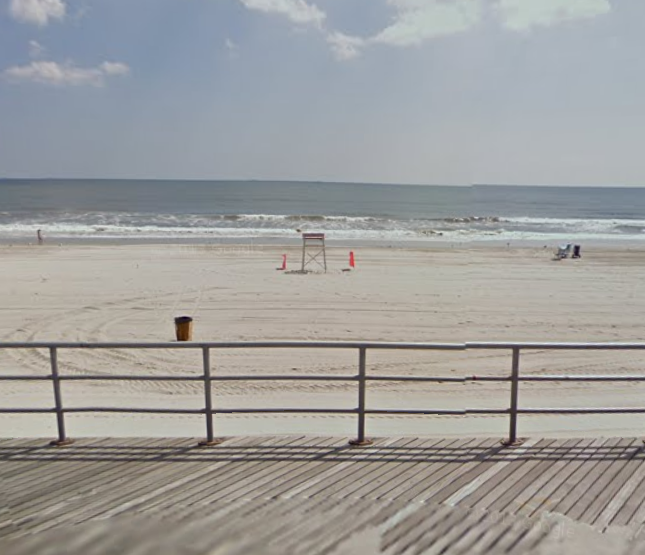 A section of Beach 108th Street in the Rockaways. The red flags denote a restricted area where no lifeguard is on duty.