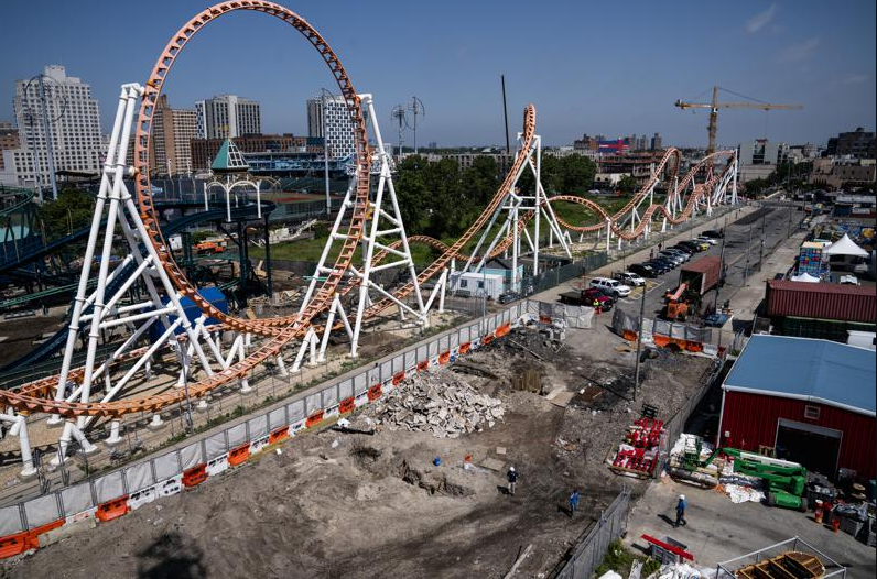 Construction is underway in the amusement park district of Coney Island, Friday, June 17, 2022, in the Brooklyn borough of New York. Luna Park in Coney Island will open three new major attractions this season alongside new recreational areas and pedestrian plazas.