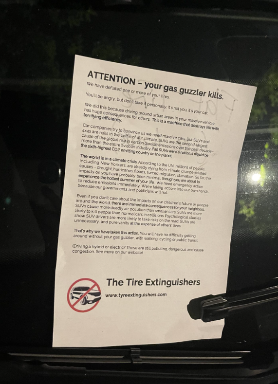 The flyer activists left on the windshields of the targeted cars.