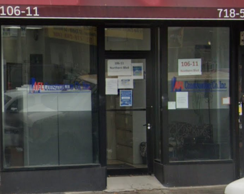 The storefront for AFL Construction Co. Inc. in Corona, Queens.
