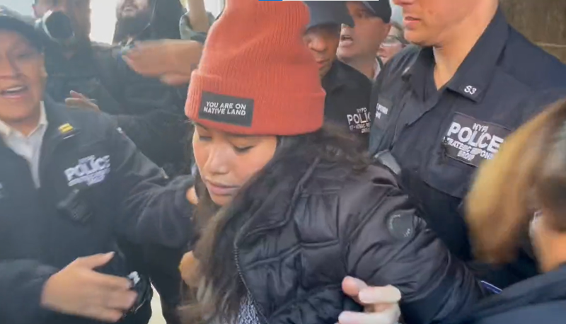 Police from the Strategic Response Group arrest a climate activist who was protesting outside the apartment building of the CEO of Blackstone.