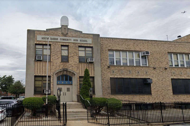 North Queens Community High School, where an 18-year-old was shot four times on Thursday.