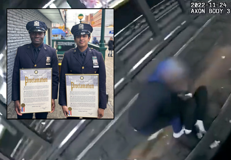 Officers Brunel Victor and Taufique Bokth were recognized for rescuing a homeless man who fell onto the tracks at the 116th Street station at Lexington Avenue in East Harlem on Thanksgiving