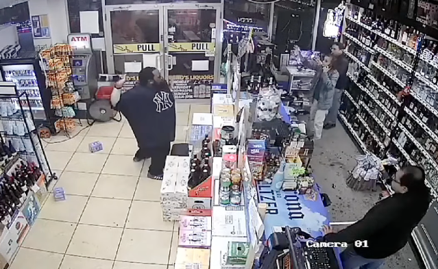 Video shows a man tossing red wine at workers inside Beno's Liquors in Linden