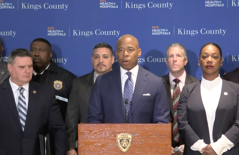 Mayor Eric Adams, NYPD Commissioner Keechant Sewell and NYPD Chief James Essig at Wednesday's press conference from the hospital