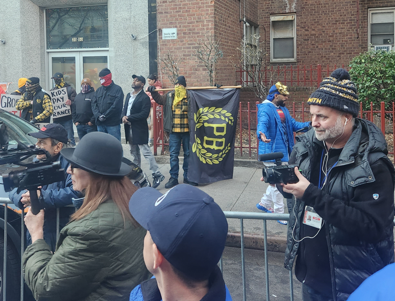 Men wearing Proud Boys gear joined the anti-LGBTQ protest.