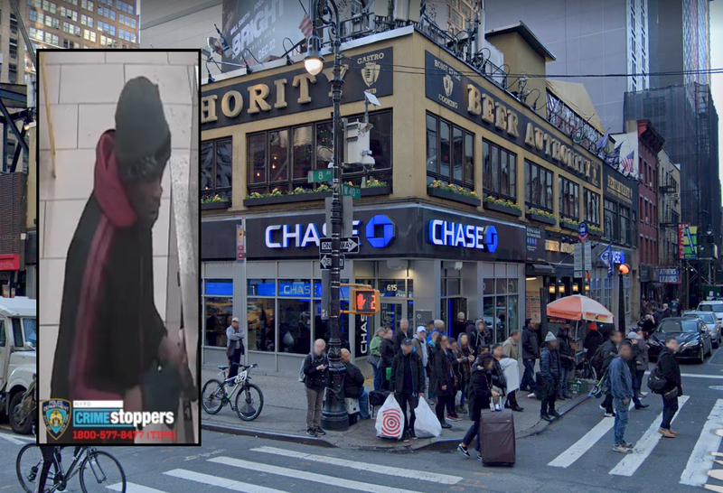 Police are searching for a suspect after a man was attacked with scalding coffee at a Chase bank near the Port Authority Bus Terminal on Thursday morning