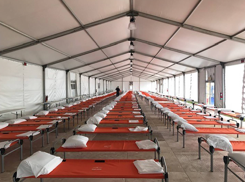 Beds at the first humanitarian relief center opened in New York City.