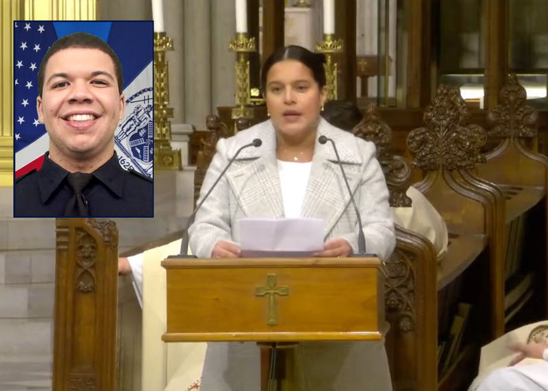 Dominique Rivera, the wife of slain NYPD Officer Jason Rivera, addresses a memorial Mass at St. Patrick’s Cathedral on Jan. 21, 2023